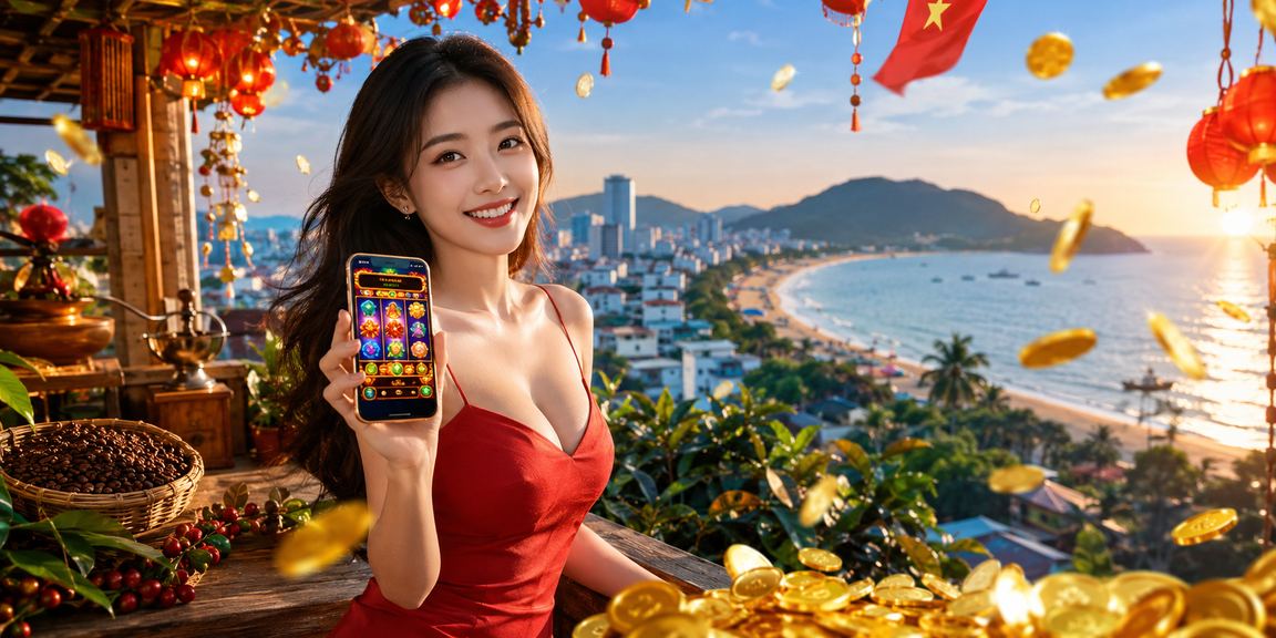 Người chơi slots thư giãn tại Côn Đảo với ly cà phê Việt Nam bên cạnh